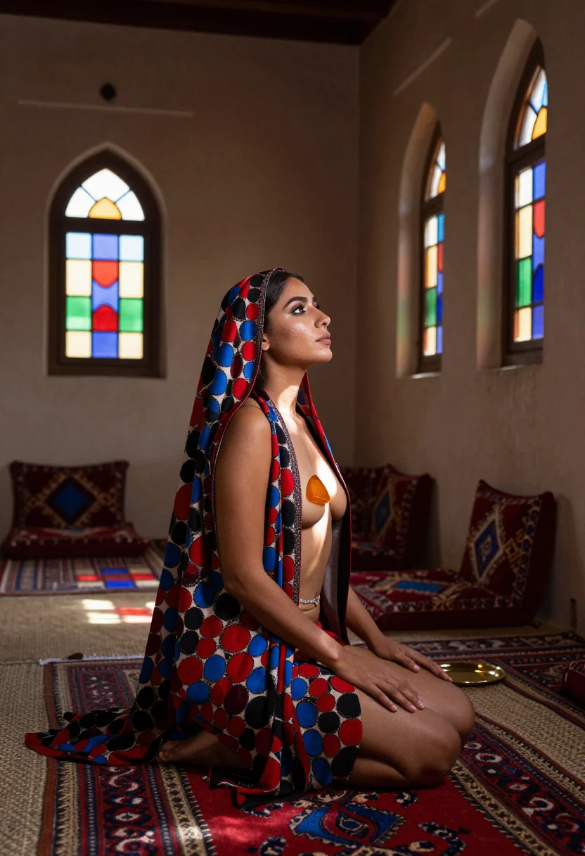 AI yemeni sitara sample — portrait of an adult woman, full-length side view in the stained-glass light