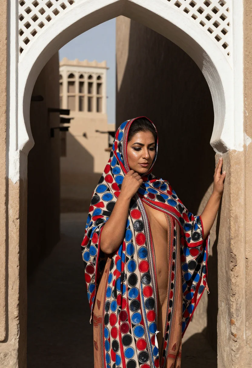 AI yemeni sitara sample — portrait of an adult woman, three-quarter length portrait with the cloth held at the chin